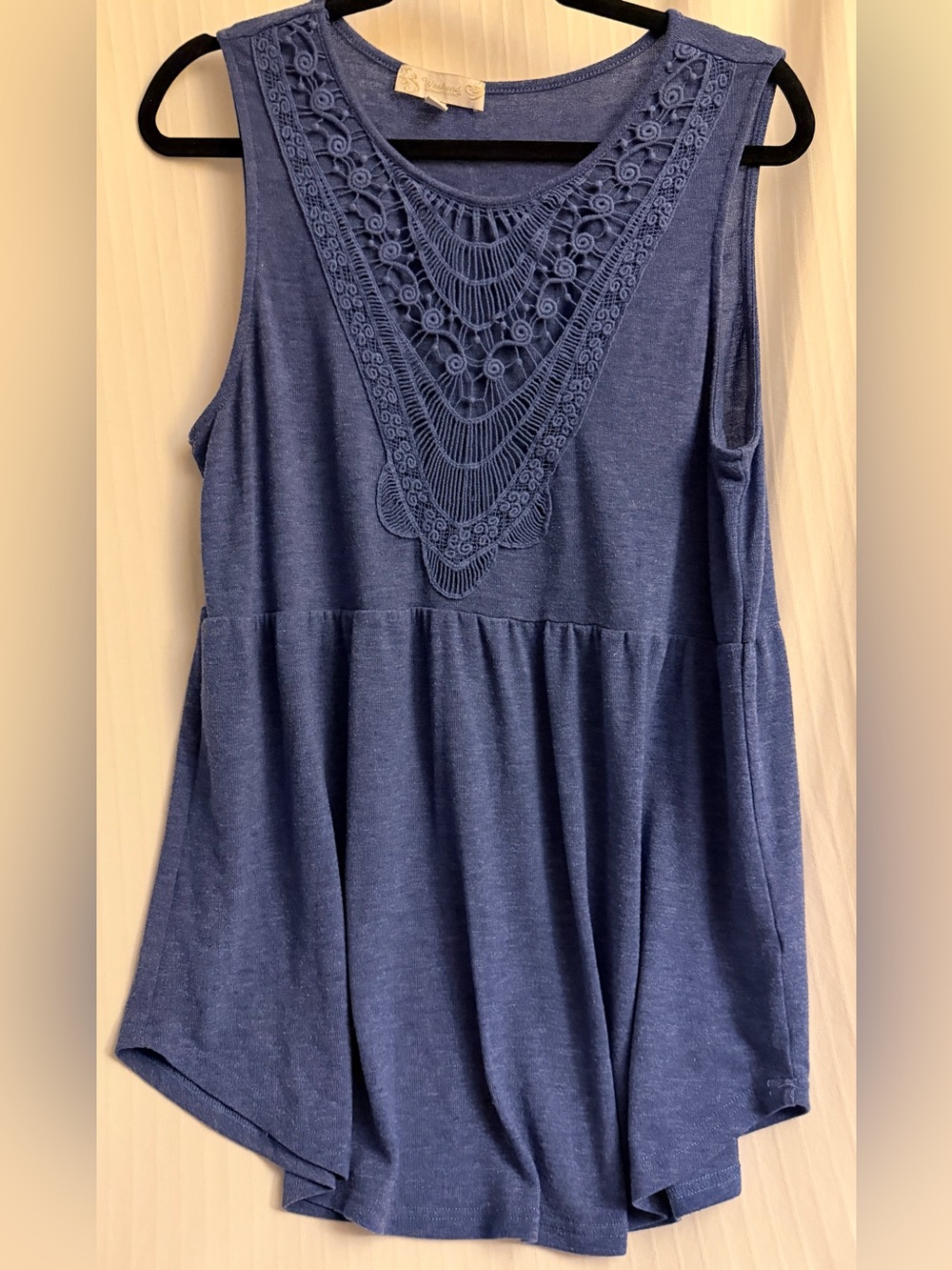Suzanne Betro Weekend prettiest blue top with intricate laced embroidery accents